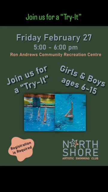Visit our website for registration details for our upcoming Try-It sessions:

Friday Feb 27, 5-6 pm Ron Andrews in North Van
Or
Saturday March 14, 5-6 pm West Vancouver Aquatic Centre 

#artisticswimming #northvancouver #westvancouver #amateursport #kidsinsport