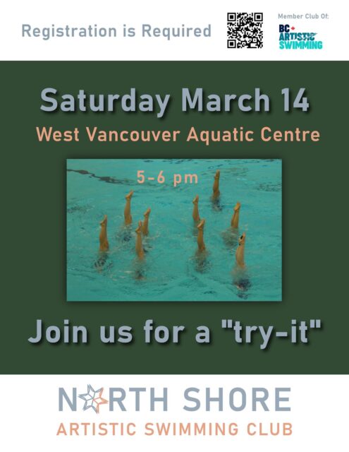 Our next opportunity to give the magical sport of Artistic Swimming a try on the North Shore is Saturday March 14 from 5-6 pm.  Registration is required using link on our website. Give us a shout if you’ve got any questions or are interested in future programs! @info@northshoreartswim.com

#tryit #tryartisticswimming #artisticswimming #westvancouver @westvanrec #northshorekids @pacificsportfv @bcartswim #canadaartisticswimming