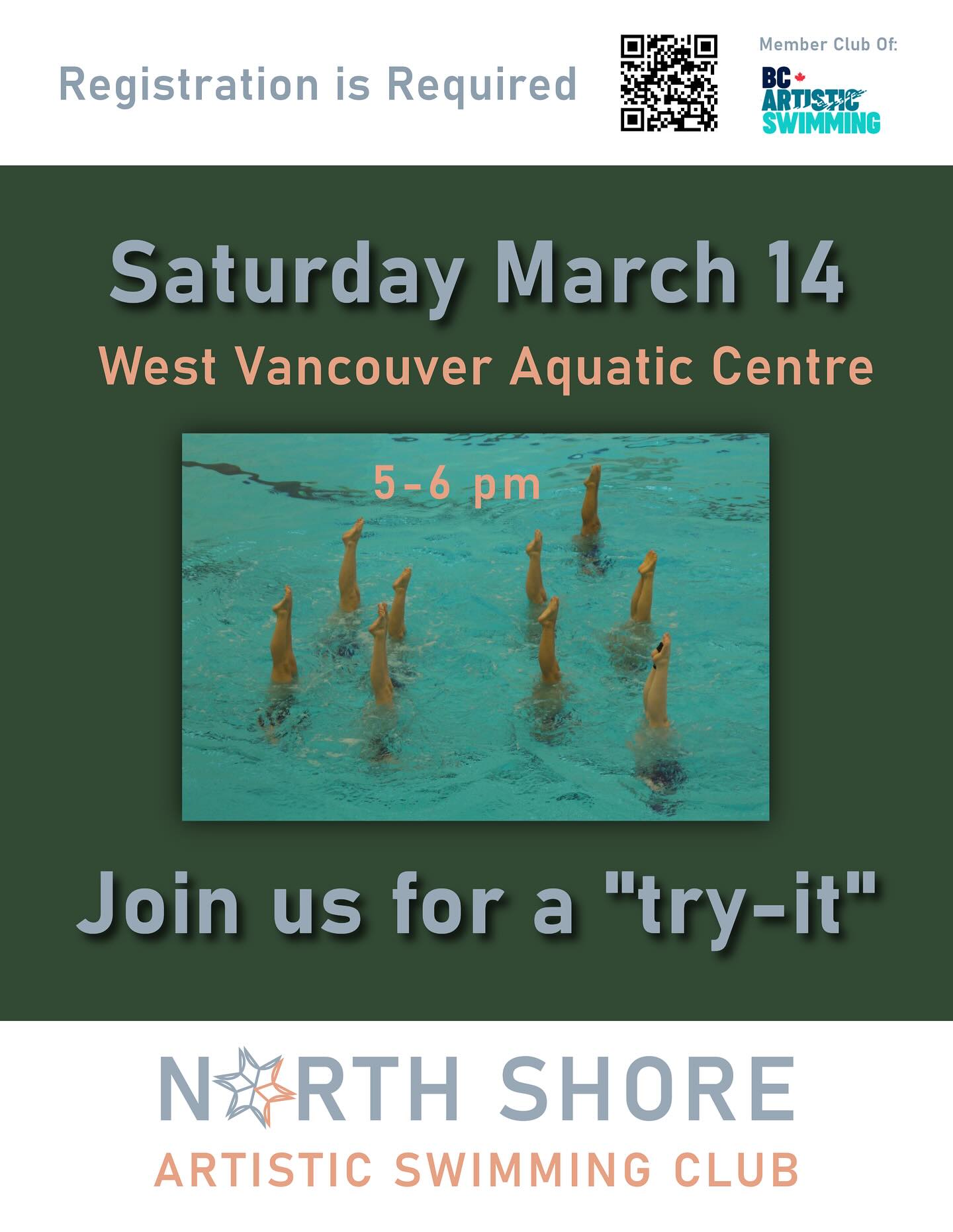 Our next opportunity to give the magical sport of Artistic Swimming a try on the North Shore is Saturday March 14 from 5-6 pm.  Registration is required using link on our website. Give us a shout if you’ve got any questions or are interested in future programs! @info@northshoreartswim.com

#tryit #tryartisticswimming #artisticswimming #westvancouver @westvanrec #northshorekids @pacificsportfv @bcartswim #canadaartisticswimming
