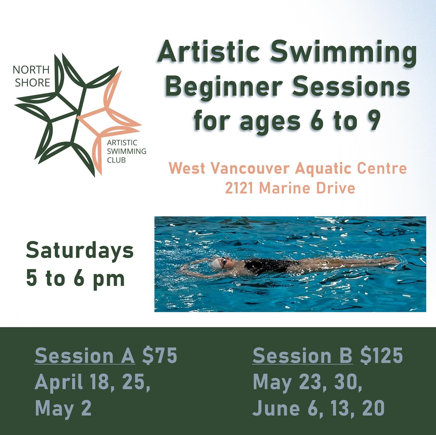 Registration open for beginner Artistic Swimming sessions ages 6-9 at West Vancouver Aquatic Centre. Visit our website for details! 

#artisticswimming #westvancouver @westvanrec #kidsports #northshore @pacificsportfv @bcartswim
