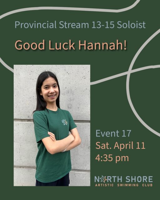 We will all be cheering for our Provincial Stream athlete Hannah M competing in the BC Summer Games 2026  trials; 13-15 PS Figures and PS 13-15 Solo. 

🍀💚 Let’s Go North Shore!! 💚🍀

#artisticswimming #competition @bcartswim #yvryouth #northshore