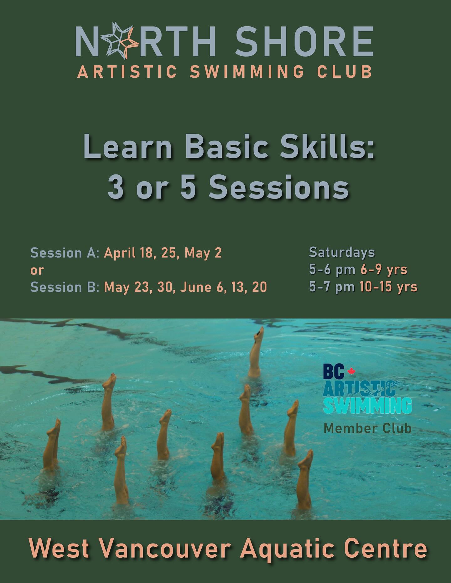 Spring Registration open for introductory sessions this April to June at West Vancouver Aquatic Centre. 

Visit our website for details or drop us an email! 

#westvancouver @westvanrec #artisticswimming #youthsport @northshorenow