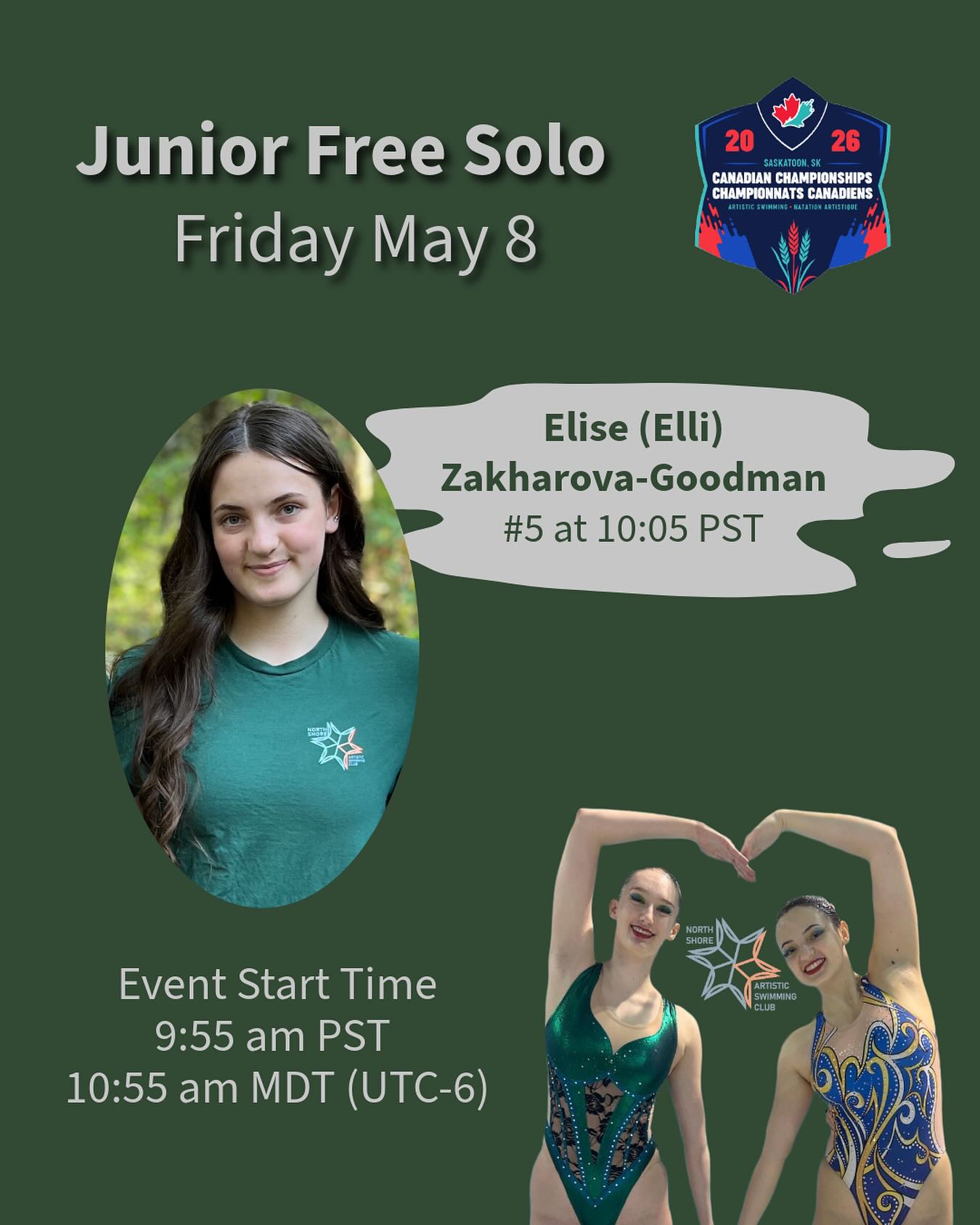 It’s here! Canadian Championships start tomorrow in Saskatoon.  Visit the Canada Artistic Swimming events page for the live link to catch amazing performances from clubs across Canada.  You’ll see National Stream to Youth, solos, duets and teams.

We are so proud of Teagan and Elli for their accomplishments this season and qualifying for Championships.  We are sad to share that Elli will be travelling without her teammate Teagan who had to withdraw from training due to injury. It’s been an amazing adventure this season and we wish Elli the very best on Friday for her Jr Free Solo event.  Tune in around 10 am PST so you don’t miss her! 

🍀💚 Let’s Go North Shore 💚🍀

#artisticswimming #britishcolombia #highperformance @canadaartisticswimming @bcartswim #northshore