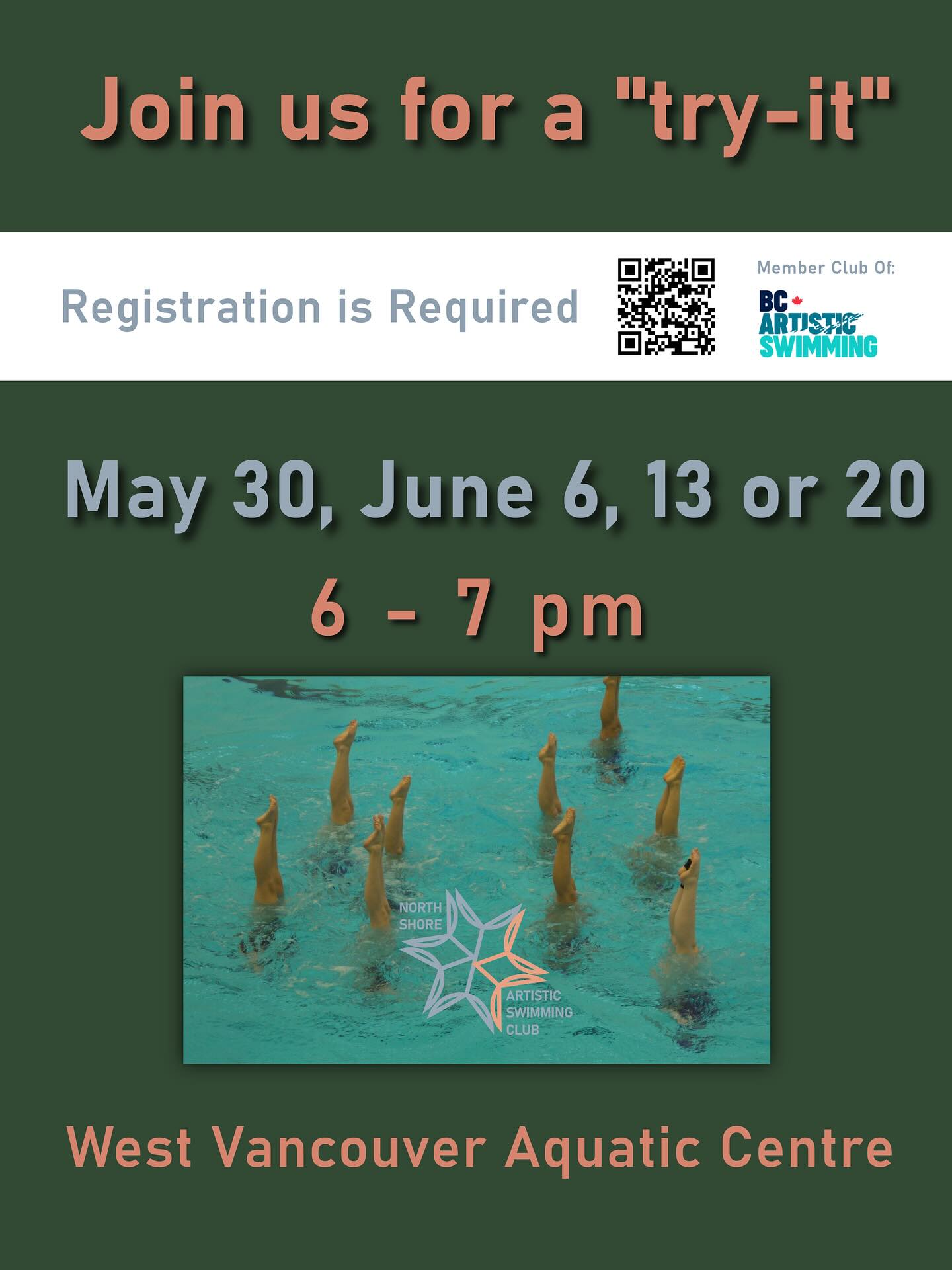 We’ve still got spaces for the upcoming 1 hour “Try-It’s” at @westvanrec - open to children and youth ages 6 to 15. 

This is a great opportunity to experience basic Syncho and decide if you’d like to join summer recreational programming or next season. 

Visit our website or reach out if we can answer questions. 

#artisticswimming #northshore #westvancouver #trysomethingnew @bcartswim #canadaartisticswimming #britishcolumbia